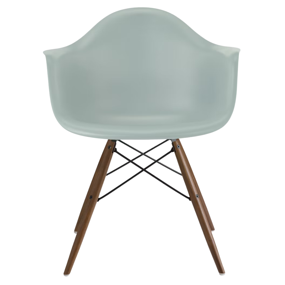 The gray green shell Eames Molded Plastic Armchair Dowel-Leg Base with the black base and walnut legs.