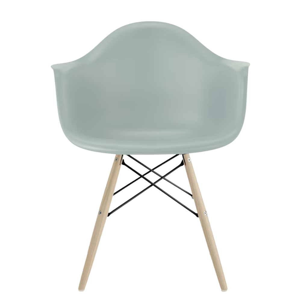 The gray green shell Eames Molded Plastic Armchair Dowel-Leg Base with the black base and white oak legs.
