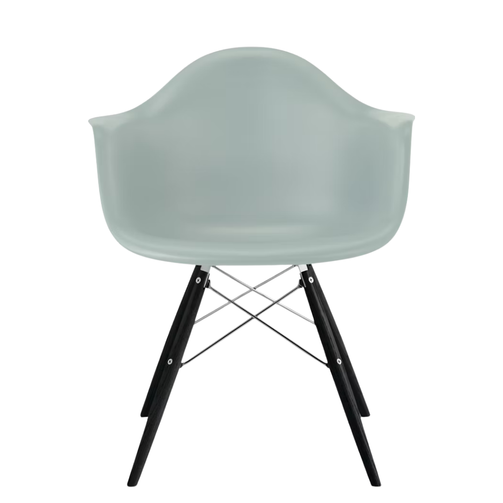The gray green shell Eames Molded Plastic Armchair Dowel-Leg Base with the trivalent chrome base and ebony legs.