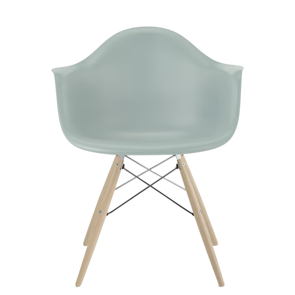 The gray green shell Eames Molded Plastic Armchair Dowel-Leg Base with the trivalent chrome base and white oak legs.