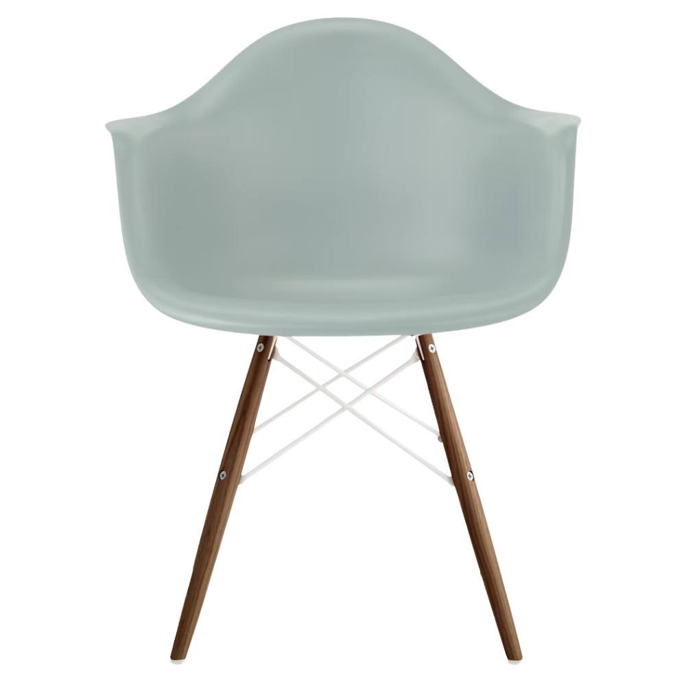 The gray green shell Eames Molded Plastic Armchair Dowel-Leg Base with the white base and walnut legs.