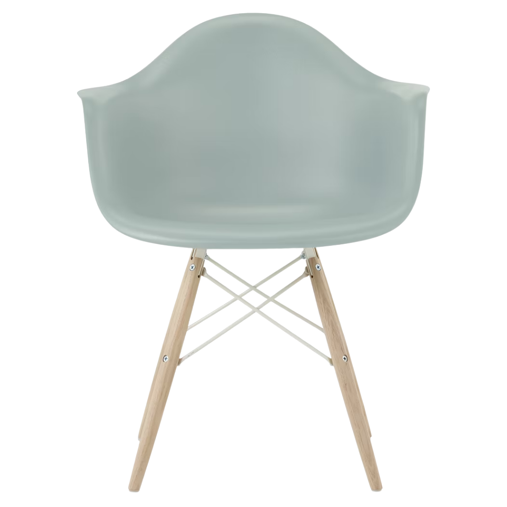 The gray green shell Eames Molded Plastic Armchair Dowel-Leg Base with the white base and white oak legs.