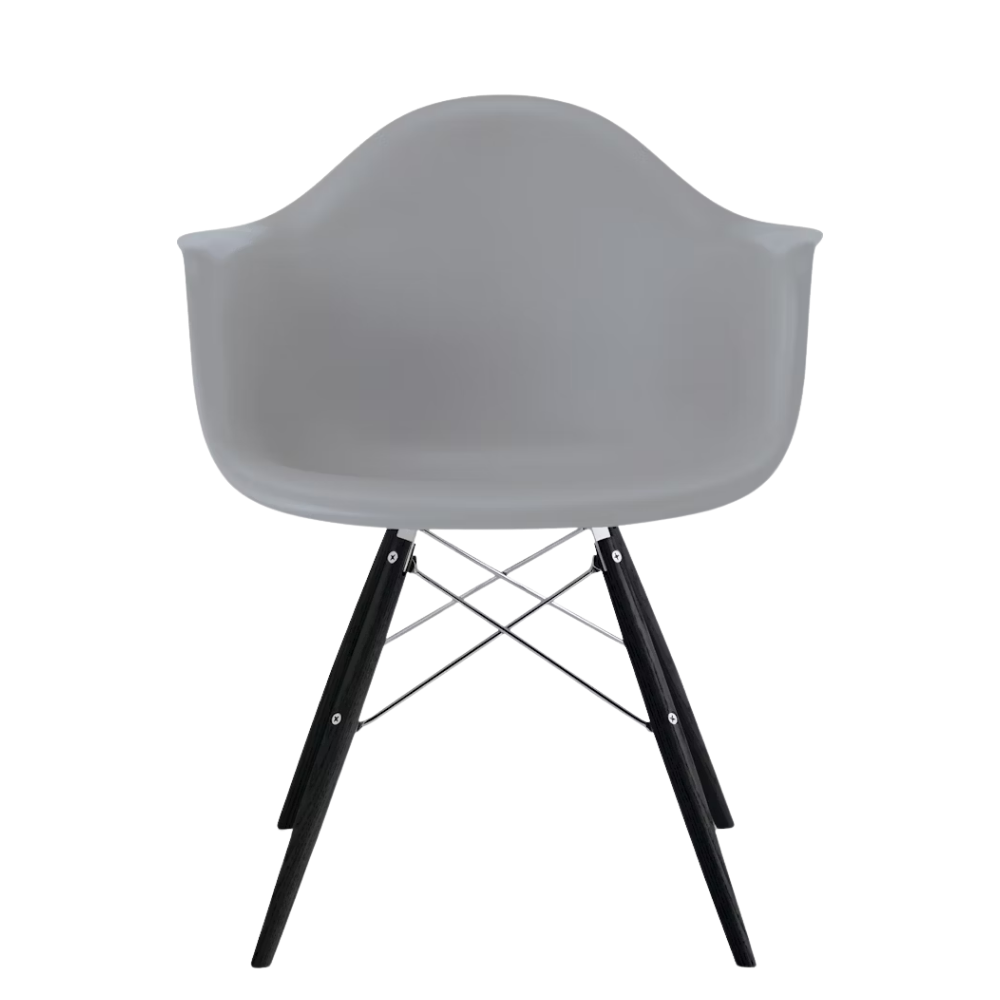 The light gray shell Eames Molded Plastic Armchair Dowel-Leg Base with the trivalent chrome base and ebony legs.