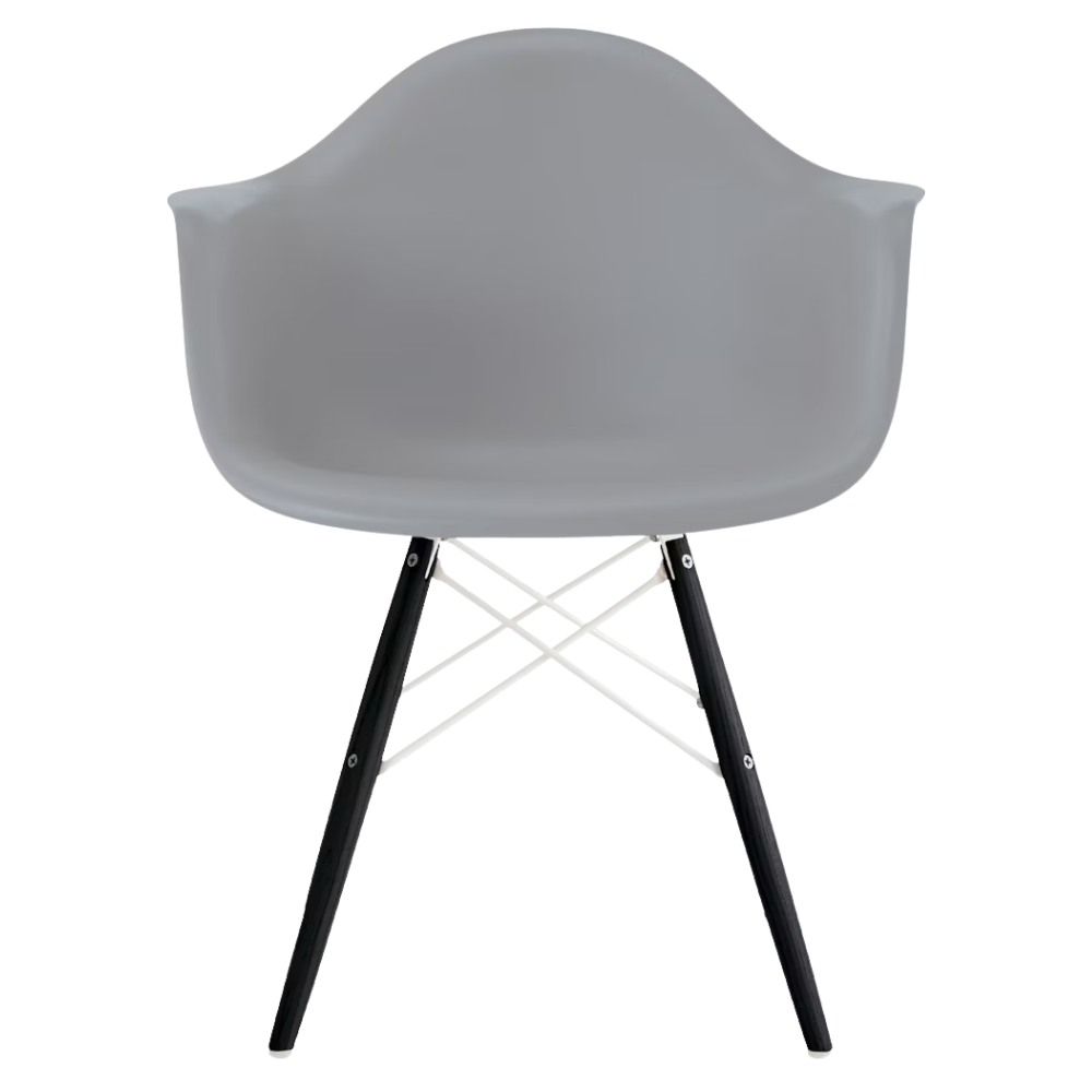 The light gray shell Eames Molded Plastic Armchair Dowel-Leg Base with the white base and ebony legs.