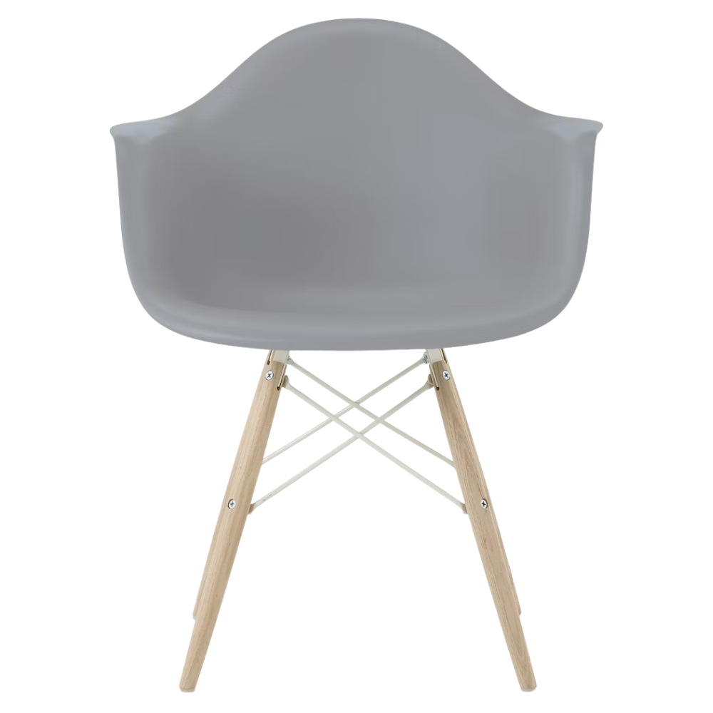 The light gray shell Eames Molded Plastic Armchair Dowel-Leg Base with the white base and white oak legs.