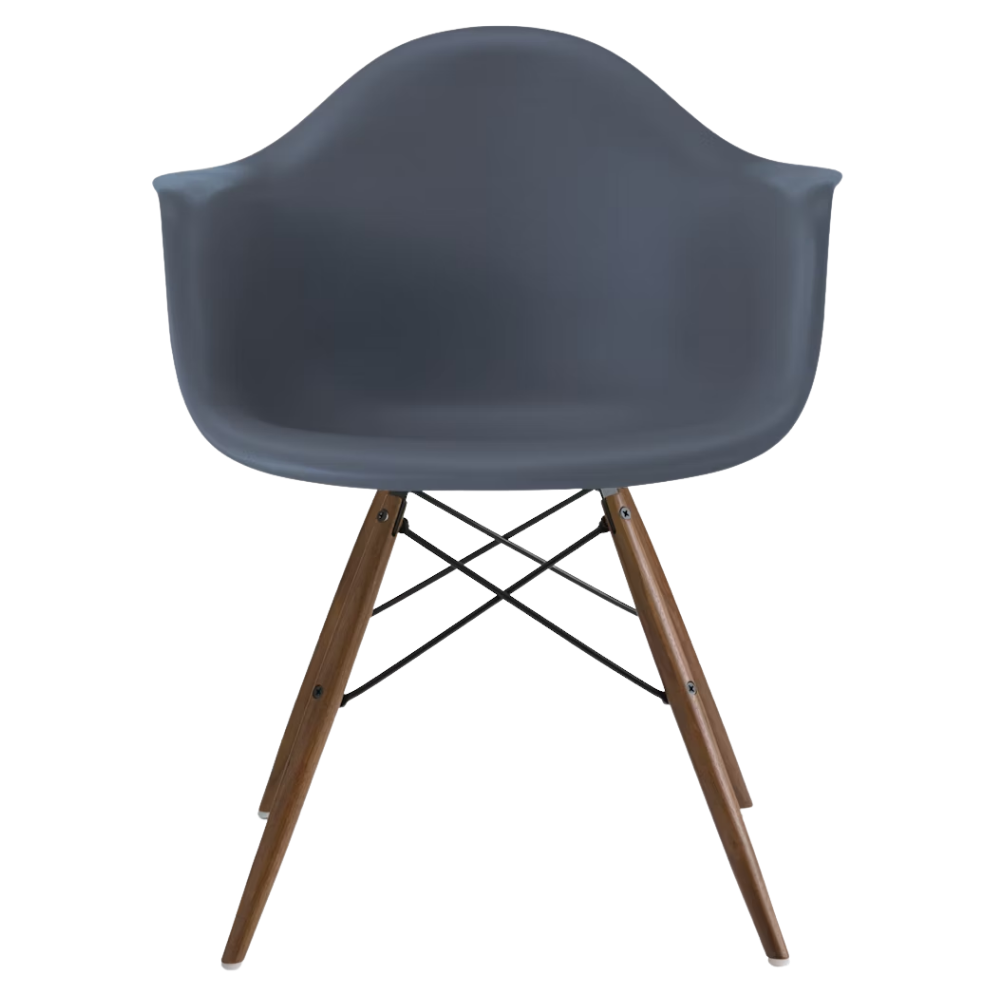 The medium gray shell Eames Molded Plastic Armchair Dowel-Leg Base with the black base and walnut legs.