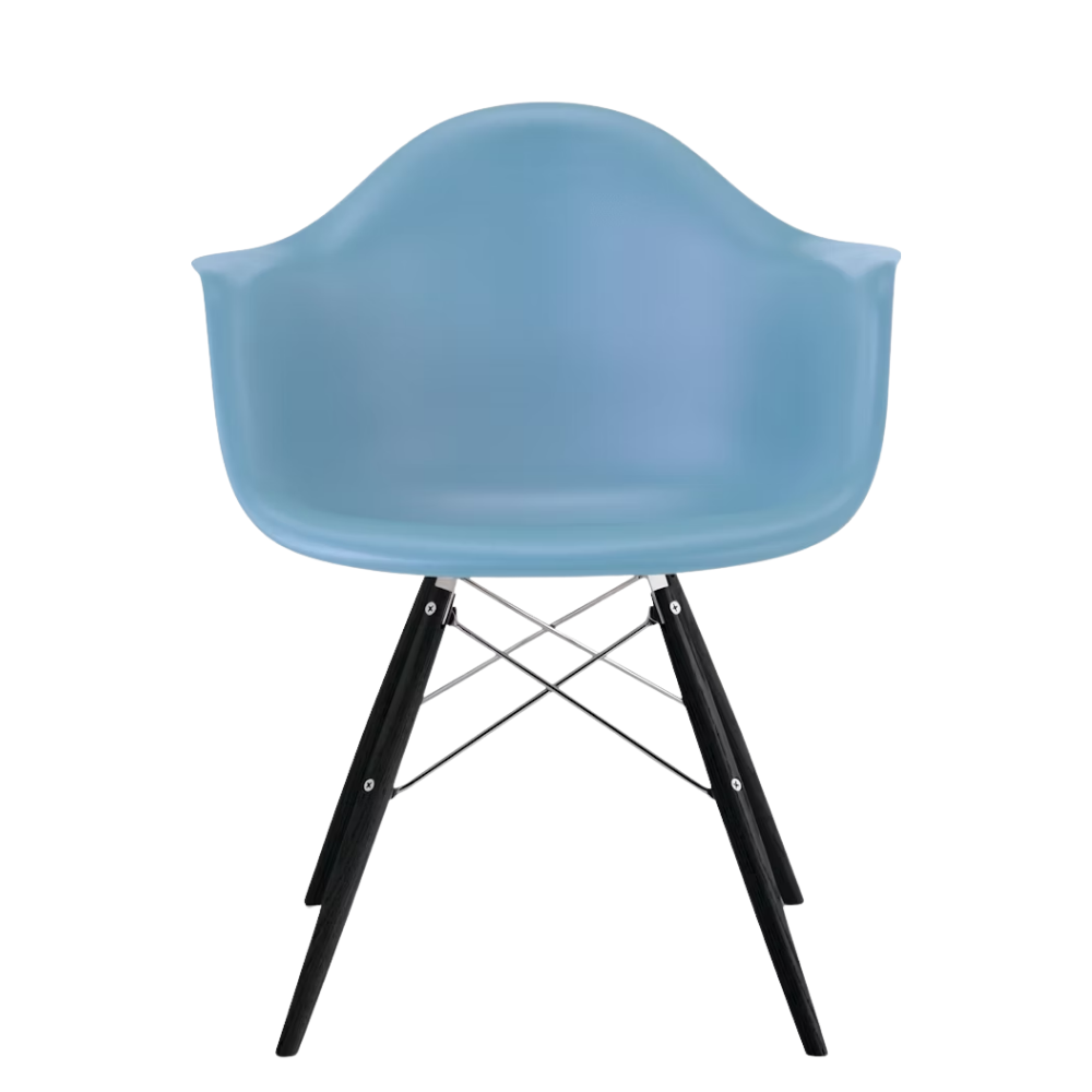 The pale blue shell Eames Molded Plastic Armchair Dowel-Leg Base with the trivalent chrome base and ebony legs.