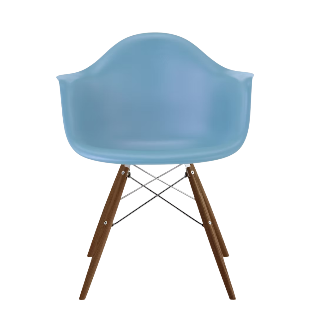The pale blue shell Eames Molded Plastic Armchair Dowel-Leg Base with the trivalent chrome base and walnut legs.