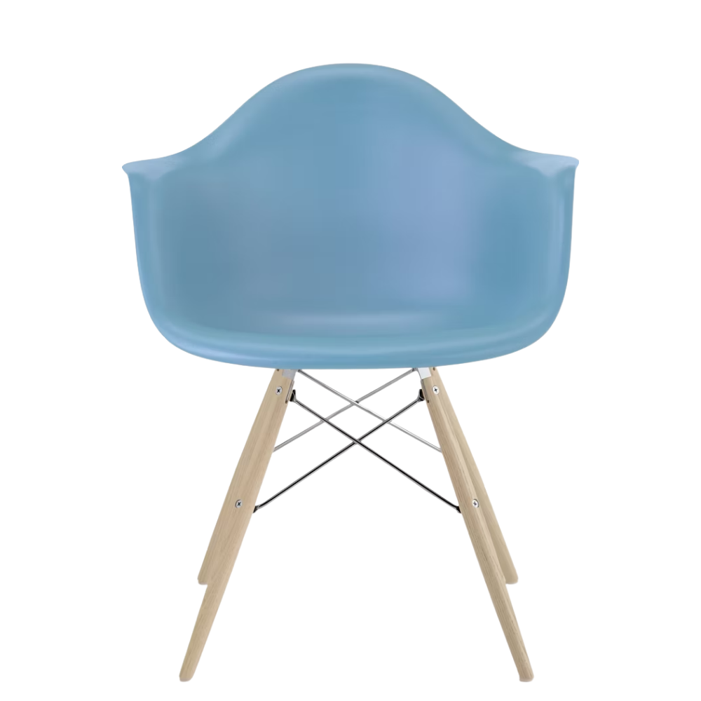 The pale blue shell Eames Molded Plastic Armchair Dowel-Leg Base with the trivalent chrome base and white oak legs.
