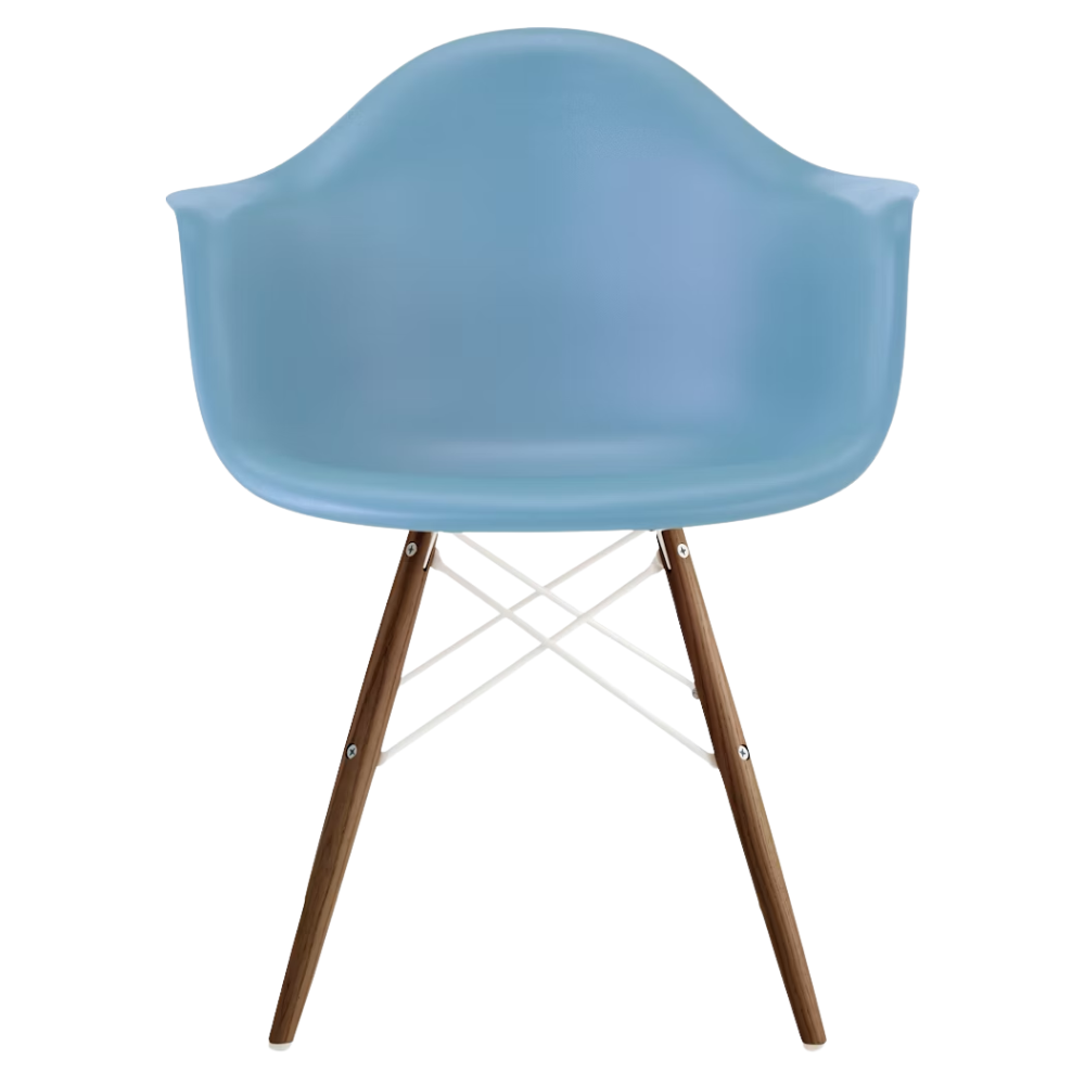 The pale blue shell Eames Molded Plastic Armchair Dowel-Leg Base with the white base and walnut legs.