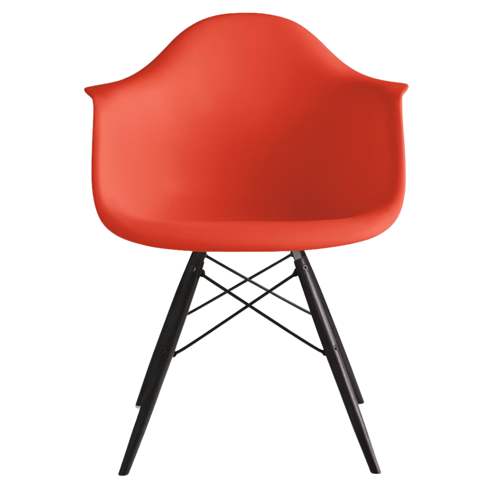 The red orange shell Eames Molded Plastic Armchair Dowel-Leg Base with the black base and ebony legs.