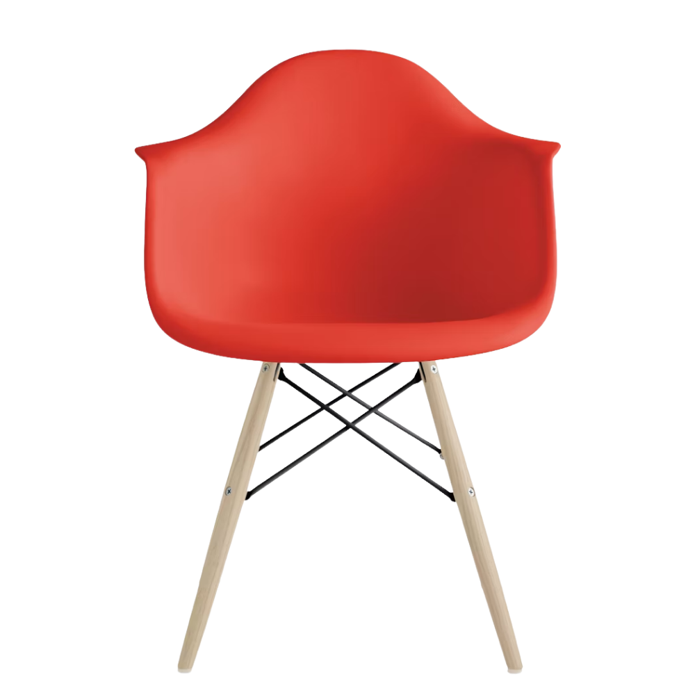The red orange shell Eames Molded Plastic Armchair Dowel-Leg Base with the black base and white oak legs.