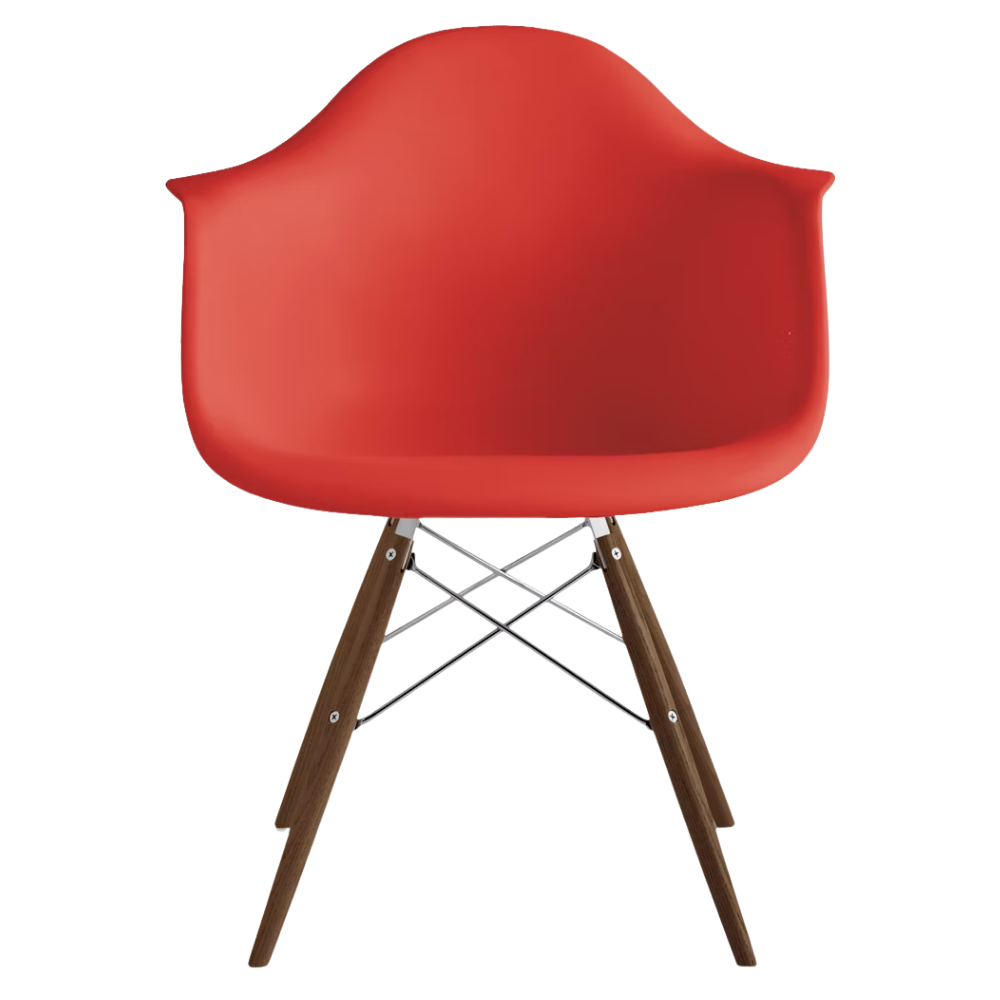 The red orange shell Eames Molded Plastic Armchair Dowel-Leg Base with the trivalent chrome base and walnut legs.