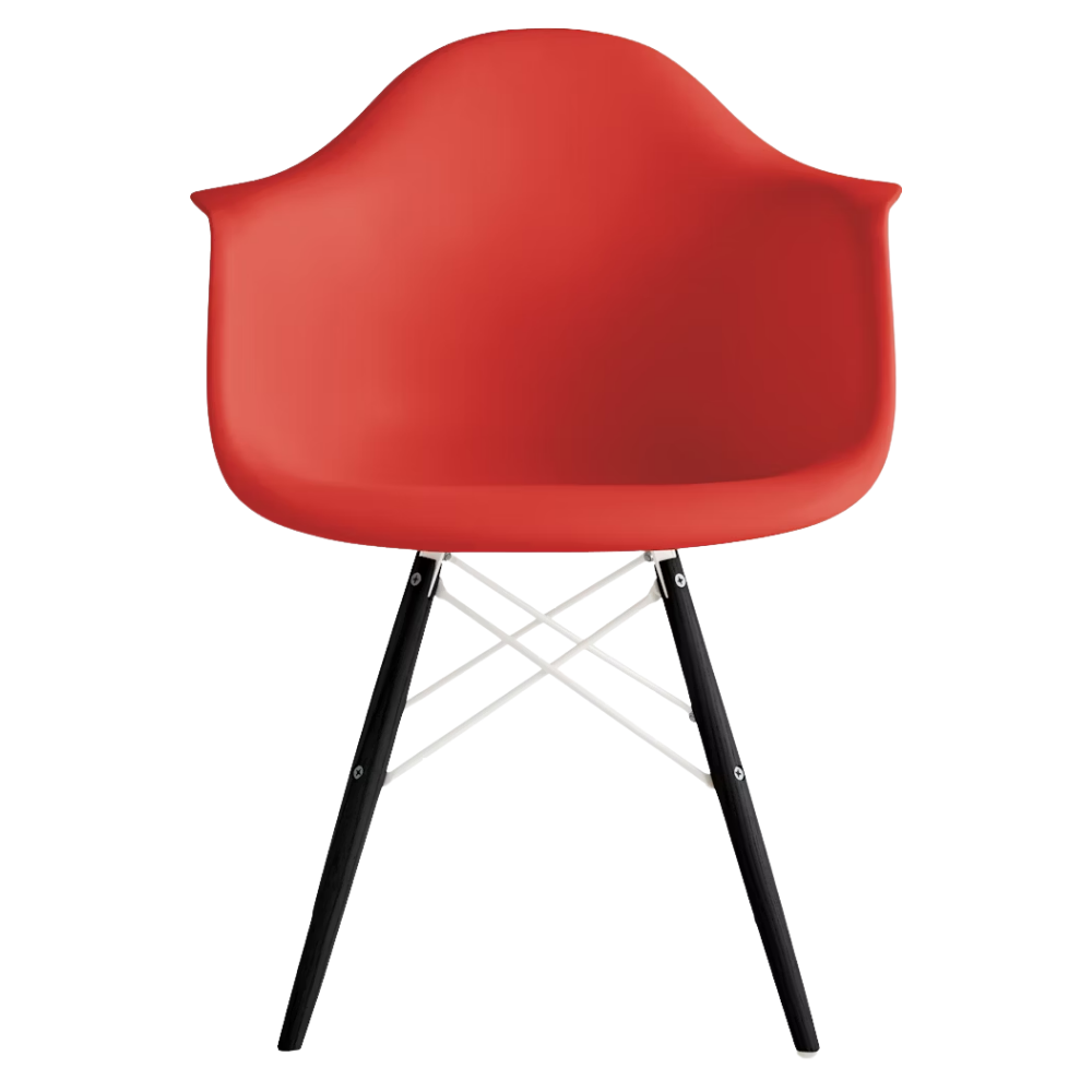 The red orange shell Eames Molded Plastic Armchair Dowel-Leg Base with the white base and ebony legs.