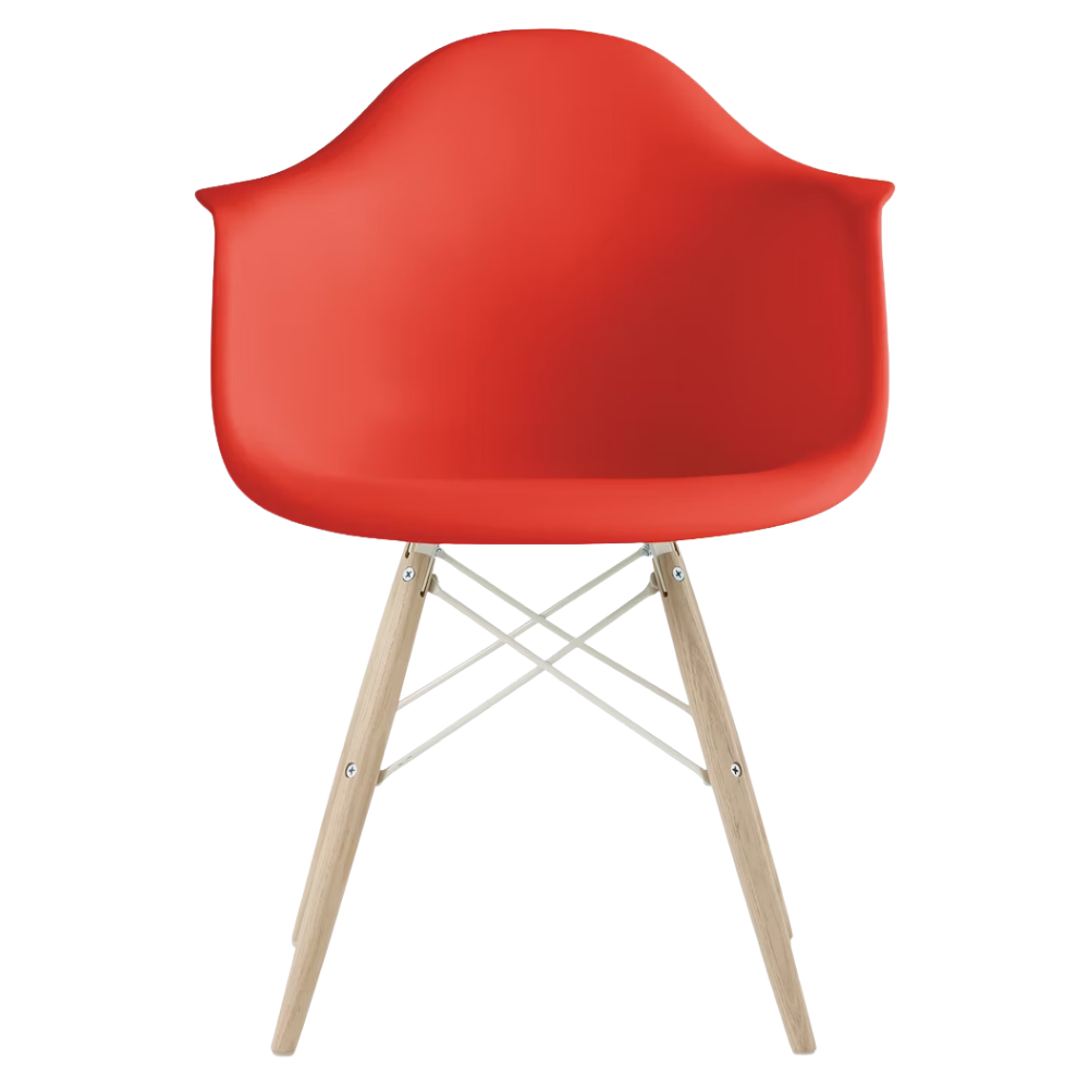 The red orange shell Eames Molded Plastic Armchair Dowel-Leg Base with the white base and white oak legs.