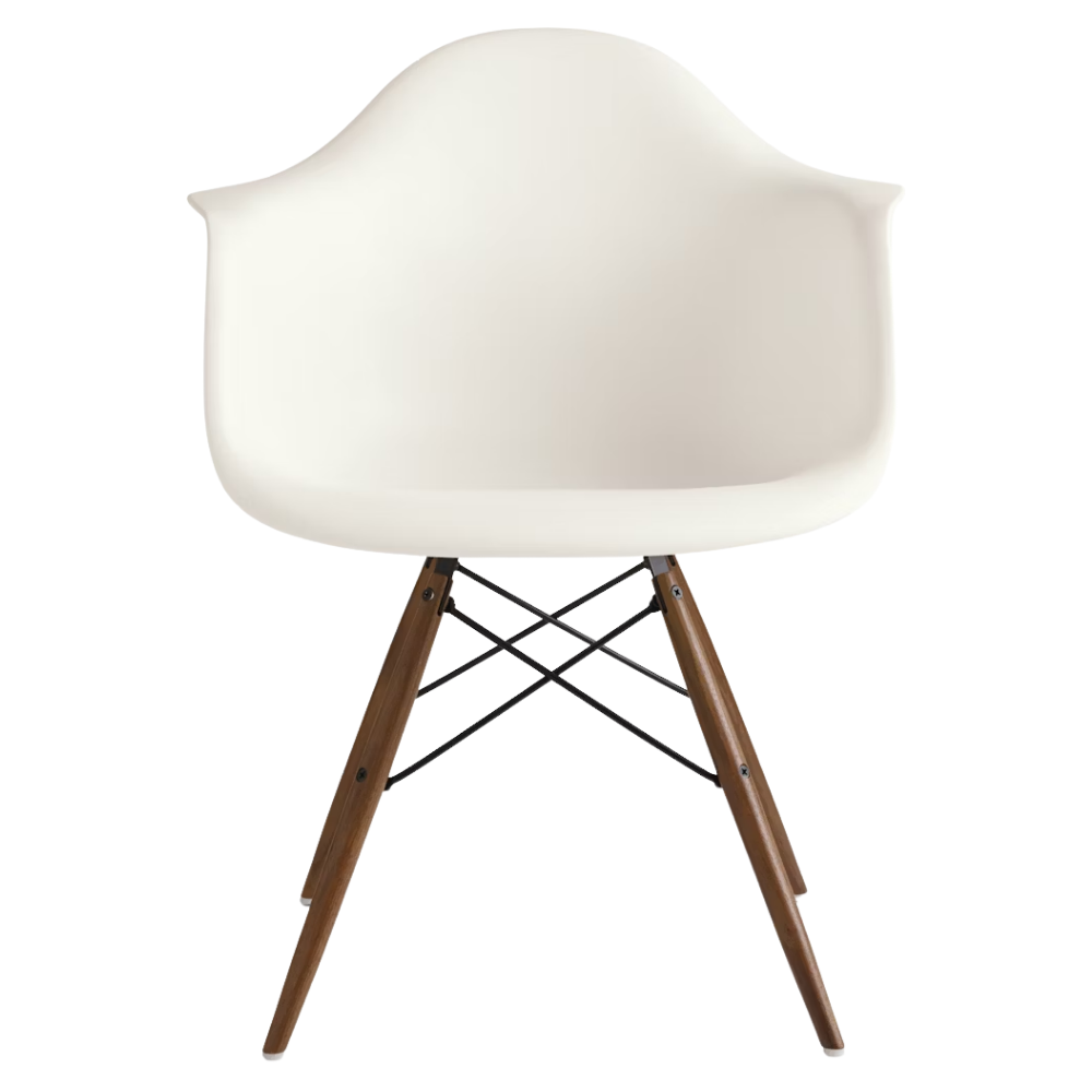 The white shell Eames Molded Plastic Armchair Dowel-Leg Base with the black base and walnut legs.