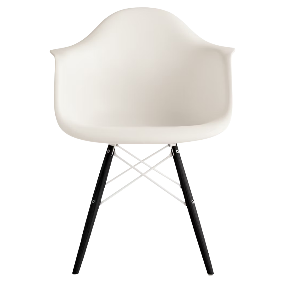 The white shell Eames Molded Plastic Armchair Dowel-Leg Base with the white base and ebony legs.