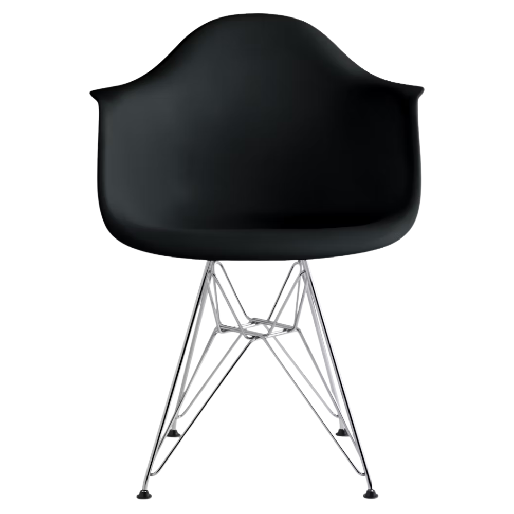 The black shell Eames Molded Plastic Armchair Wire Base from Herman Miller with the trivalent chrome base.