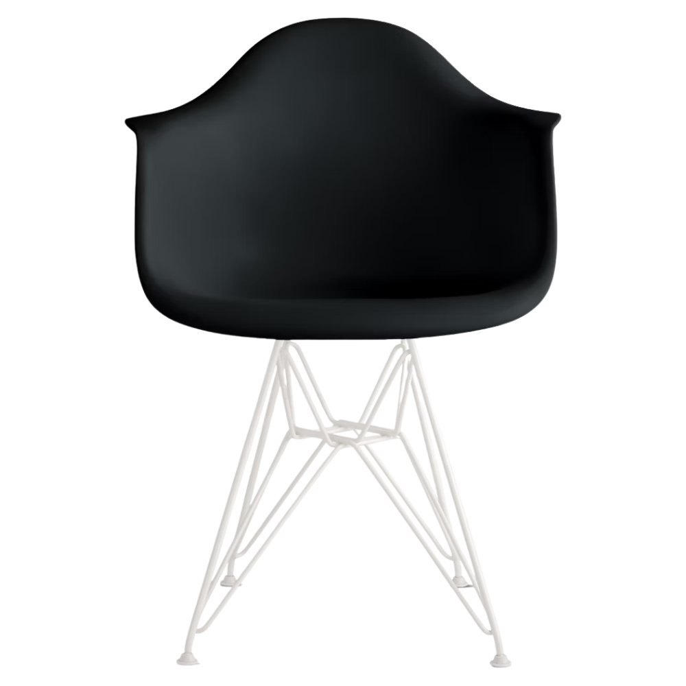 The black shell Eames Molded Plastic Armchair Wire Base from Herman Miller with the white base.
