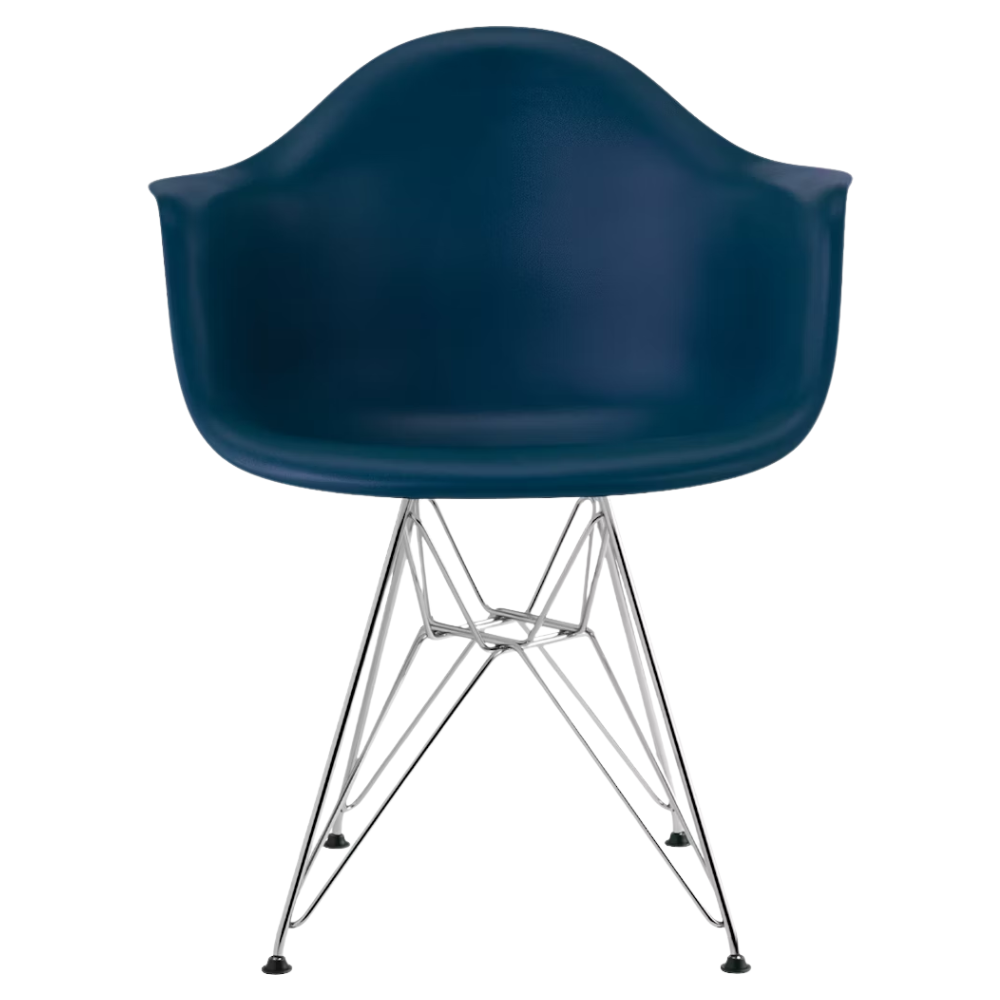 The blue green shell Eames Molded Plastic Armchair Wire Base from Herman Miller with the trivalent chrome base.