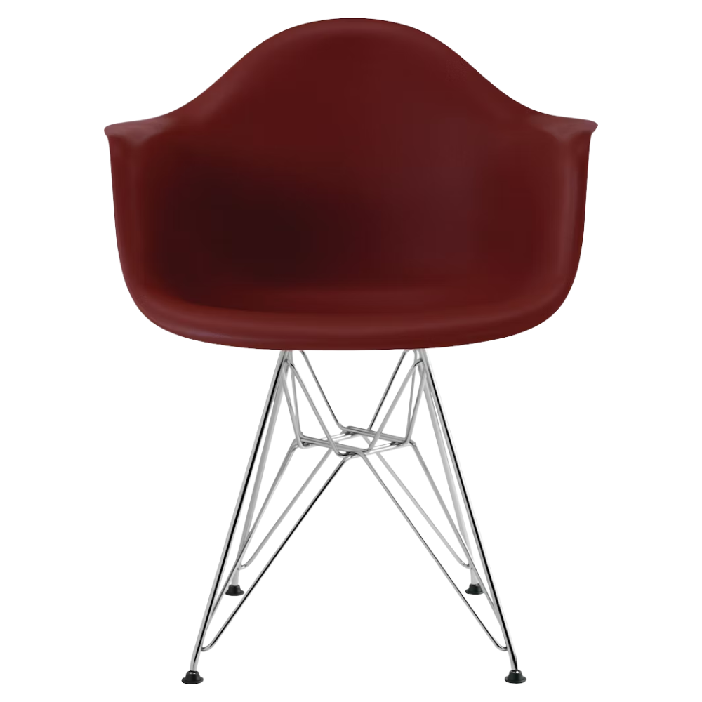The brick red shell Eames Molded Plastic Armchair Wire Base from Herman Miller with the trivalent chrome base.