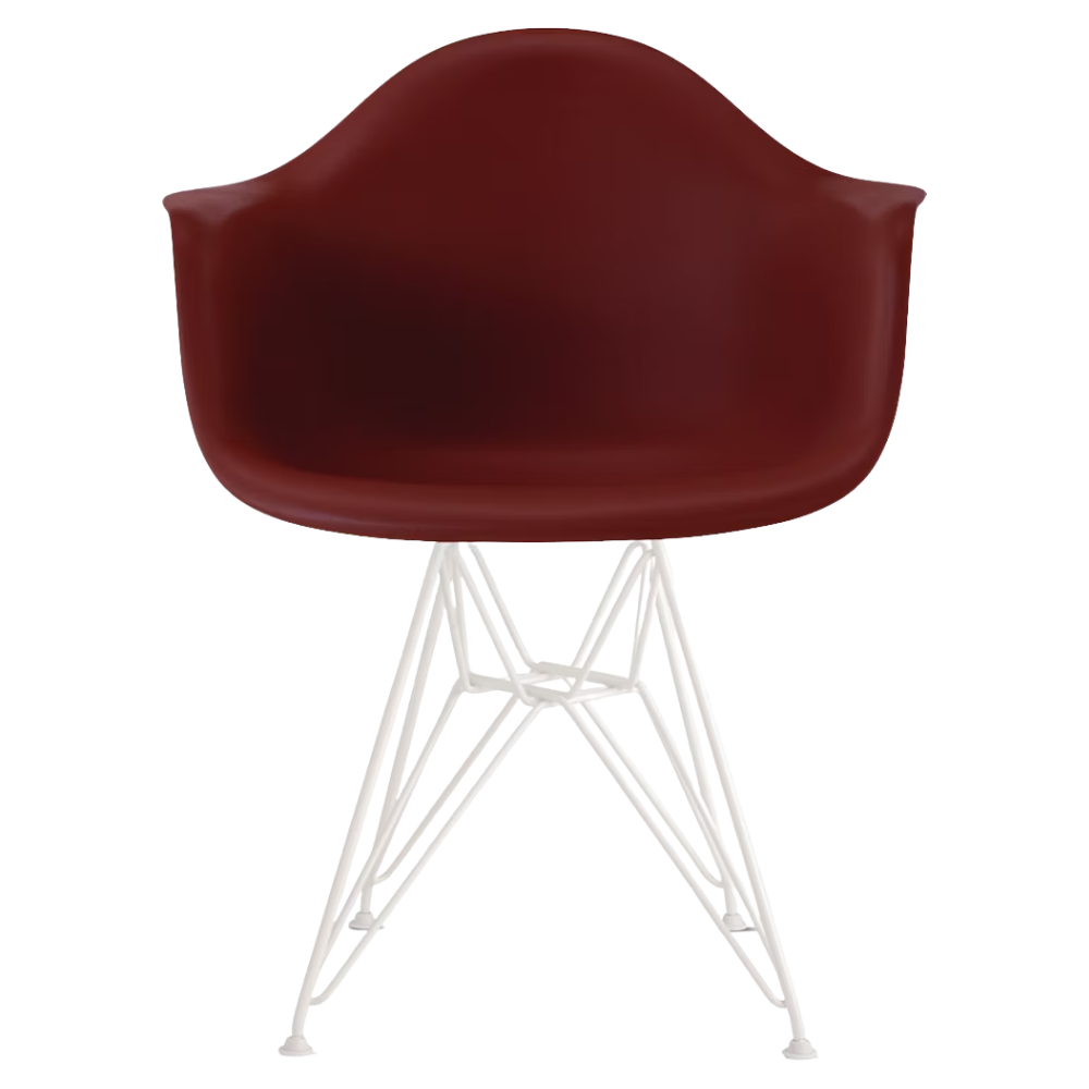 The brick red shell Eames Molded Plastic Armchair Wire Base from Herman Miller with the white base.