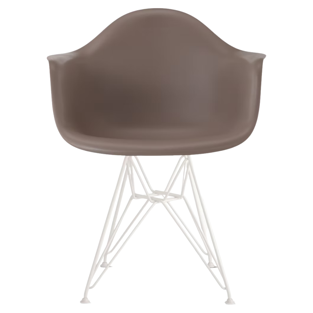 The cocoa shell Eames Molded Plastic Armchair Wire Base from Herman Miller with the white base.
