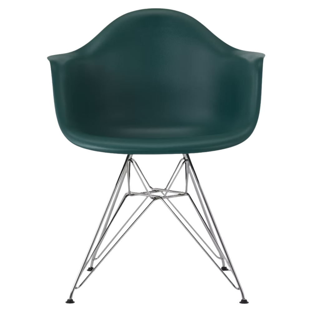 The evergreen shell Eames Molded Plastic Armchair Wire Base from Herman Miller with the trivalent chrome base.