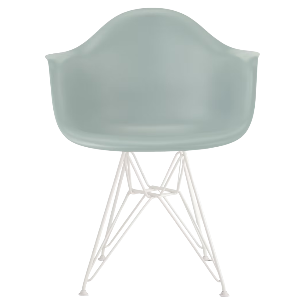 The gray green shell Eames Molded Plastic Armchair Wire Base from Herman Miller with the white base.