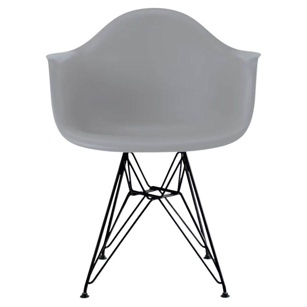 The light gray shell Eames Molded Plastic Armchair Wire Base from Herman Miller with the black base.