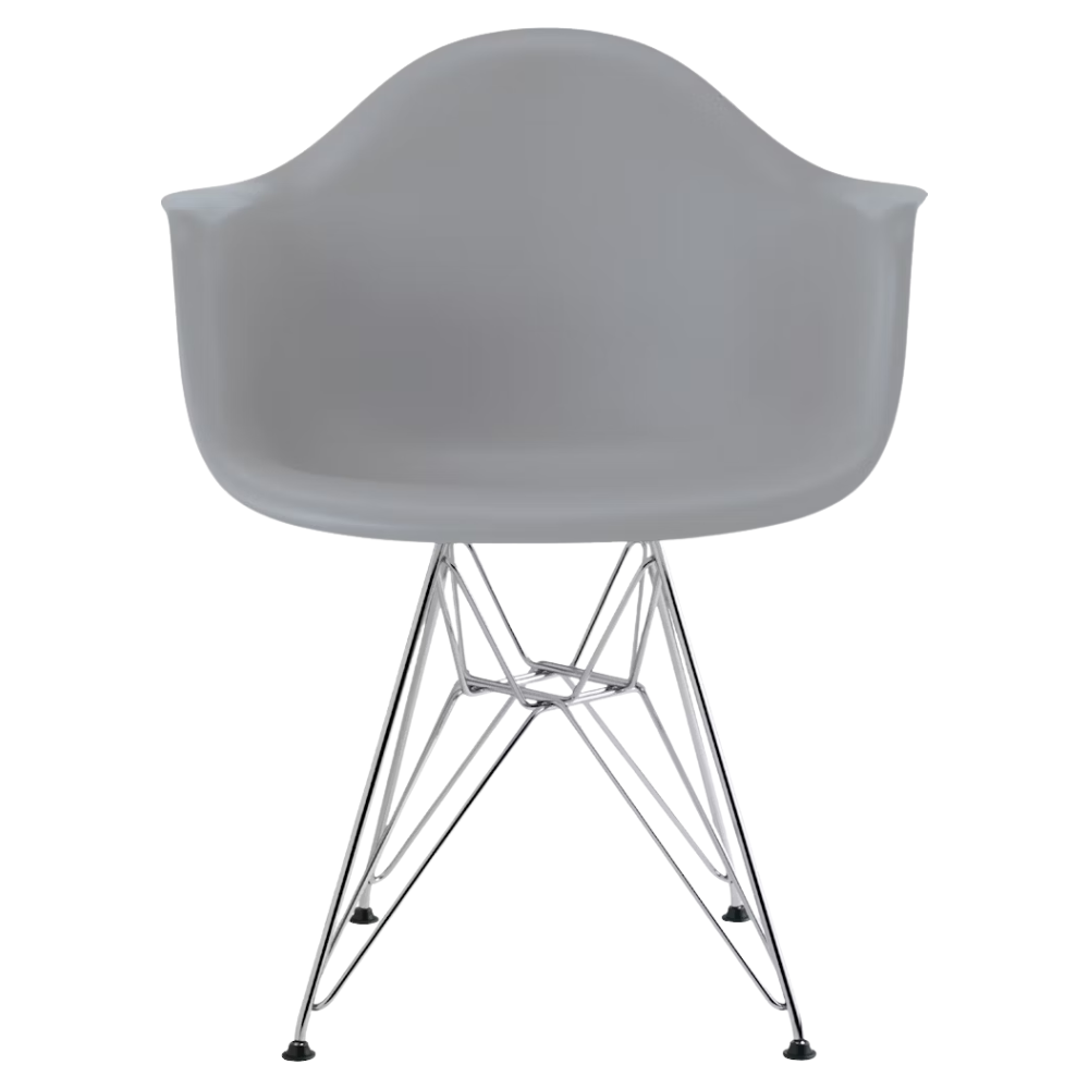 The light gray shell Eames Molded Plastic Armchair Wire Base from Herman Miller with the trivalent chrome base.