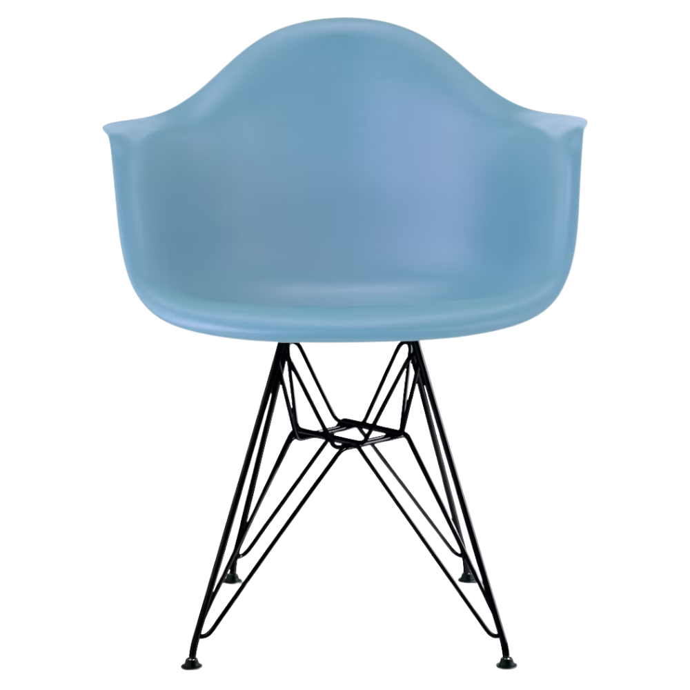 The pale blue shell Eames Molded Plastic Armchair Wire Base from Herman Miller with the black base.
