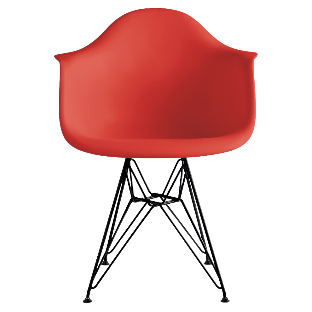 The red orange shell Eames Molded Plastic Armchair Wire Base from Herman Miller with the black base.
