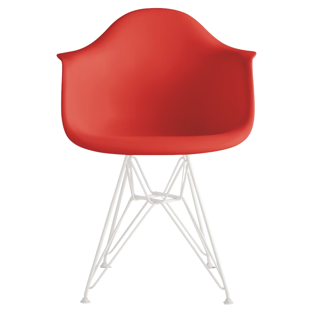 The red orange shell Eames Molded Plastic Armchair Wire Base from Herman Miller with the white base.