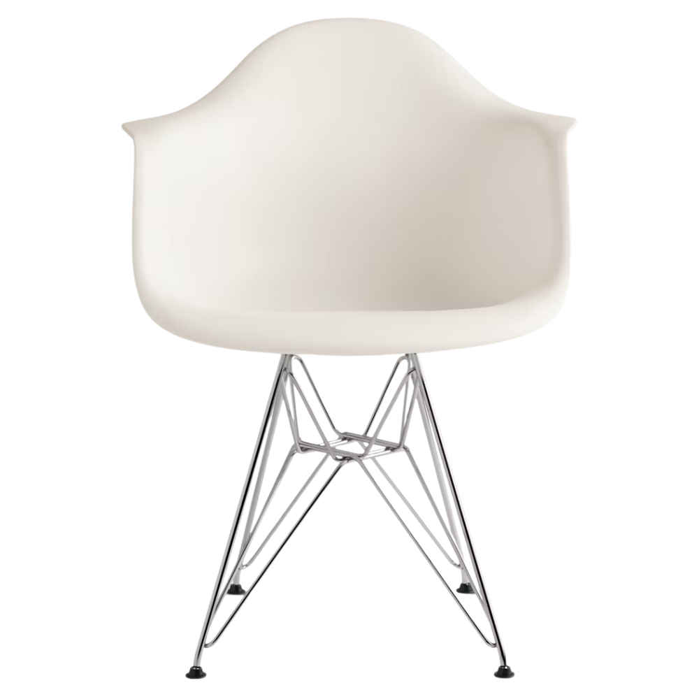 The white shell Eames Molded Plastic Armchair Wire Base from Herman Miller with the trivalent chrome base.
