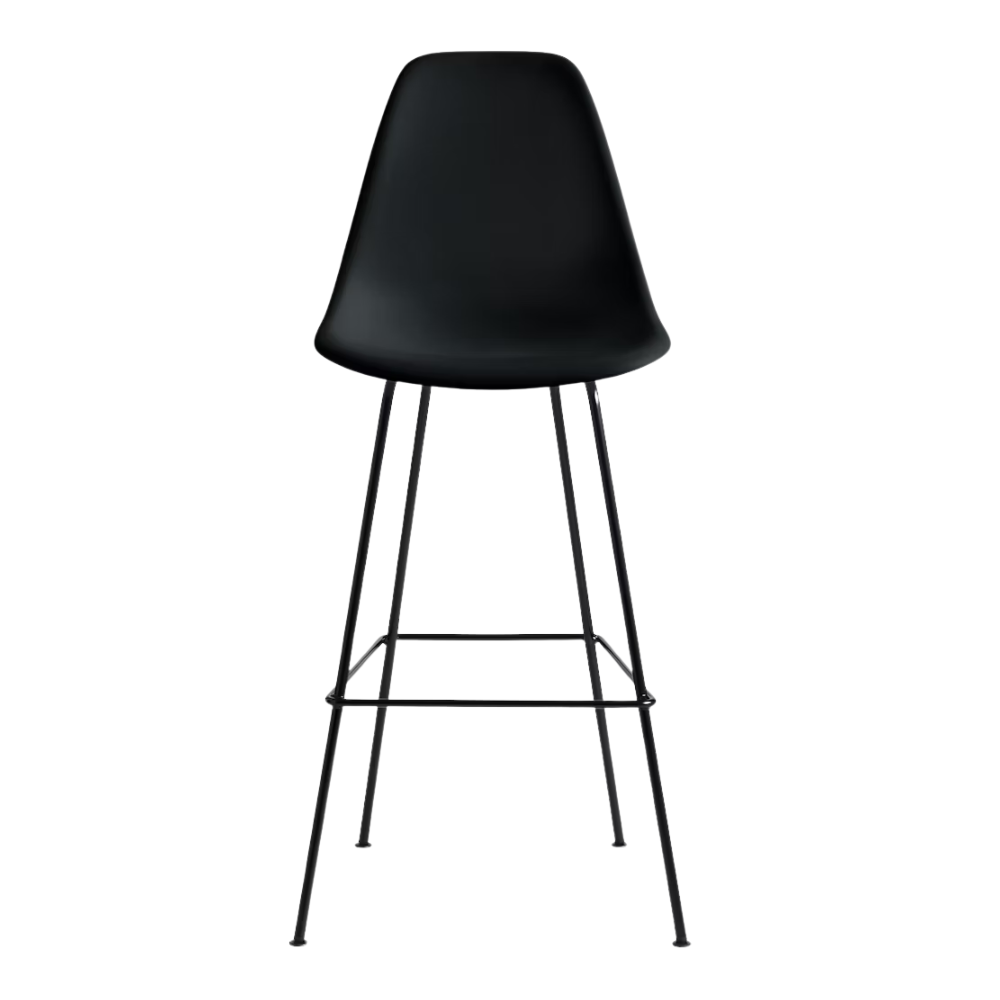 The black shell Eames Molded Plastic Bar Height Stool from Herman Miller with the black base.
