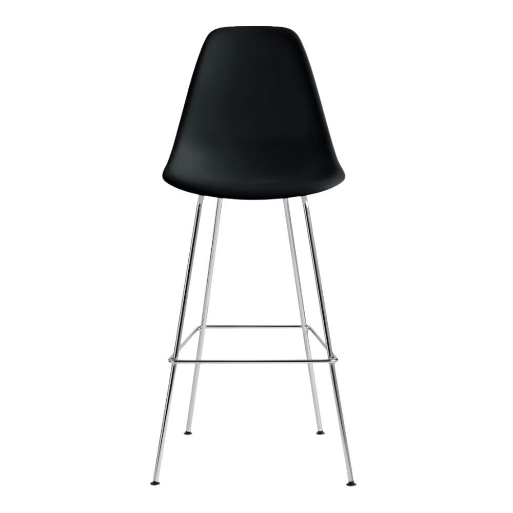 The black shell Eames Molded Plastic Bar Height Stool from Herman Miller with the trivalent chrome base.