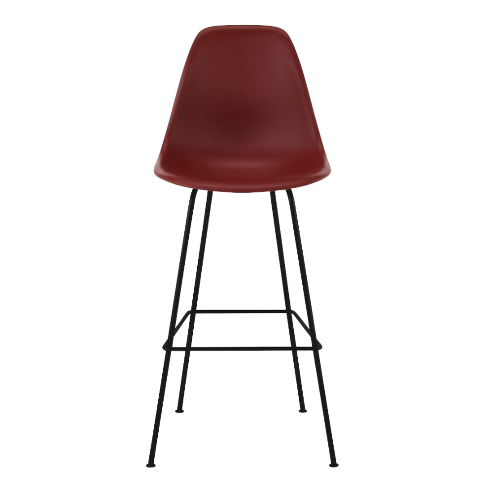 The brick red shell Eames Molded Plastic Bar Height Stool from Herman Miller with the black base.