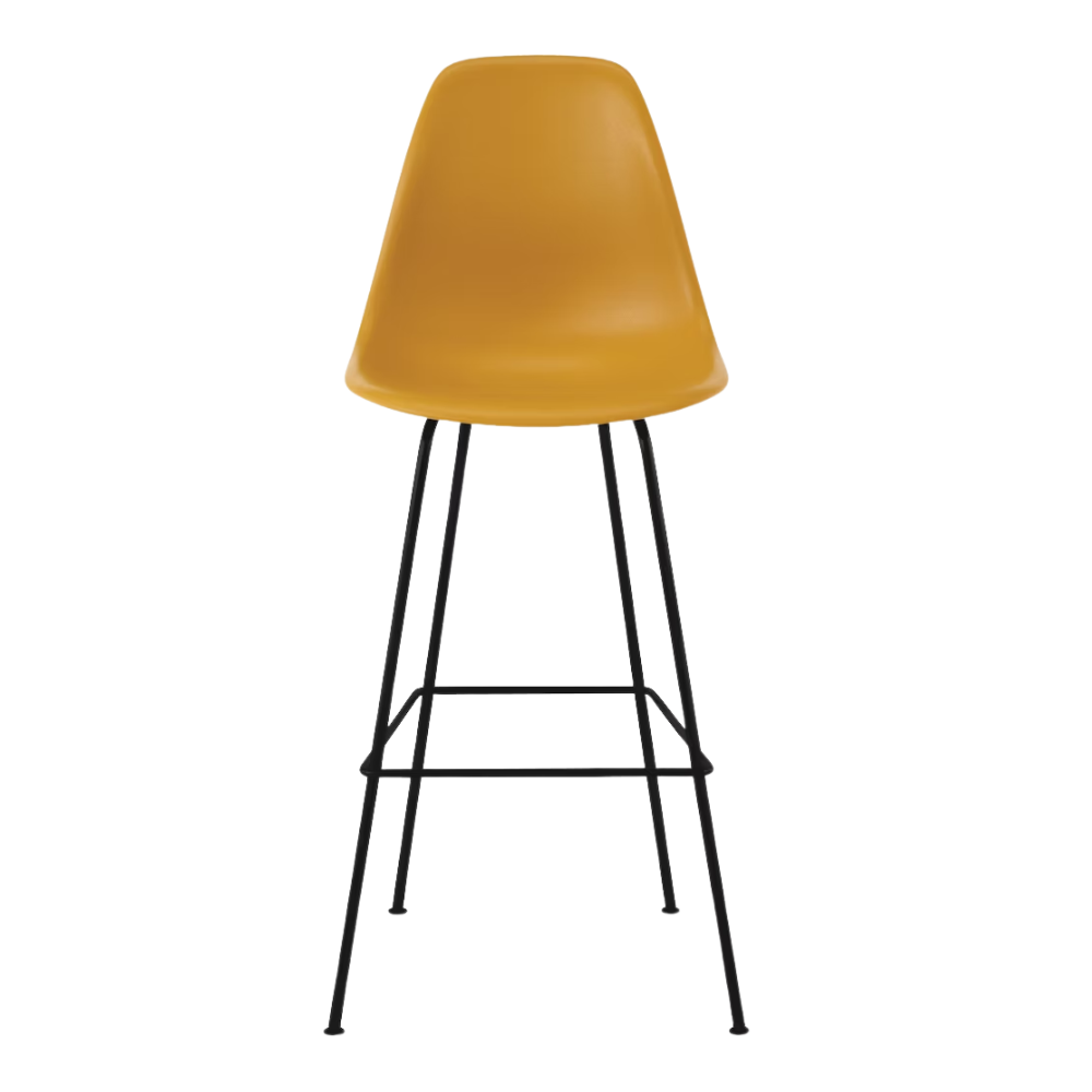 The deep yellow shell Eames Molded Plastic Bar Height Stool from Herman Miller with the black base.
