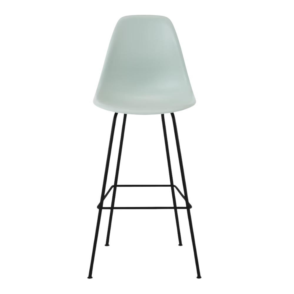 The gray green shell Eames Molded Plastic Bar Height Stool from Herman Miller with the black base.