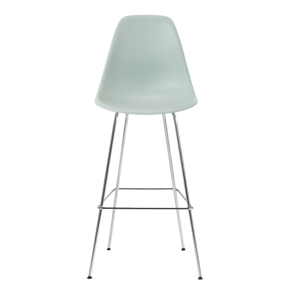 The gray green shell Eames Molded Plastic Bar Height Stool from Herman Miller with the trivalent chrome base.