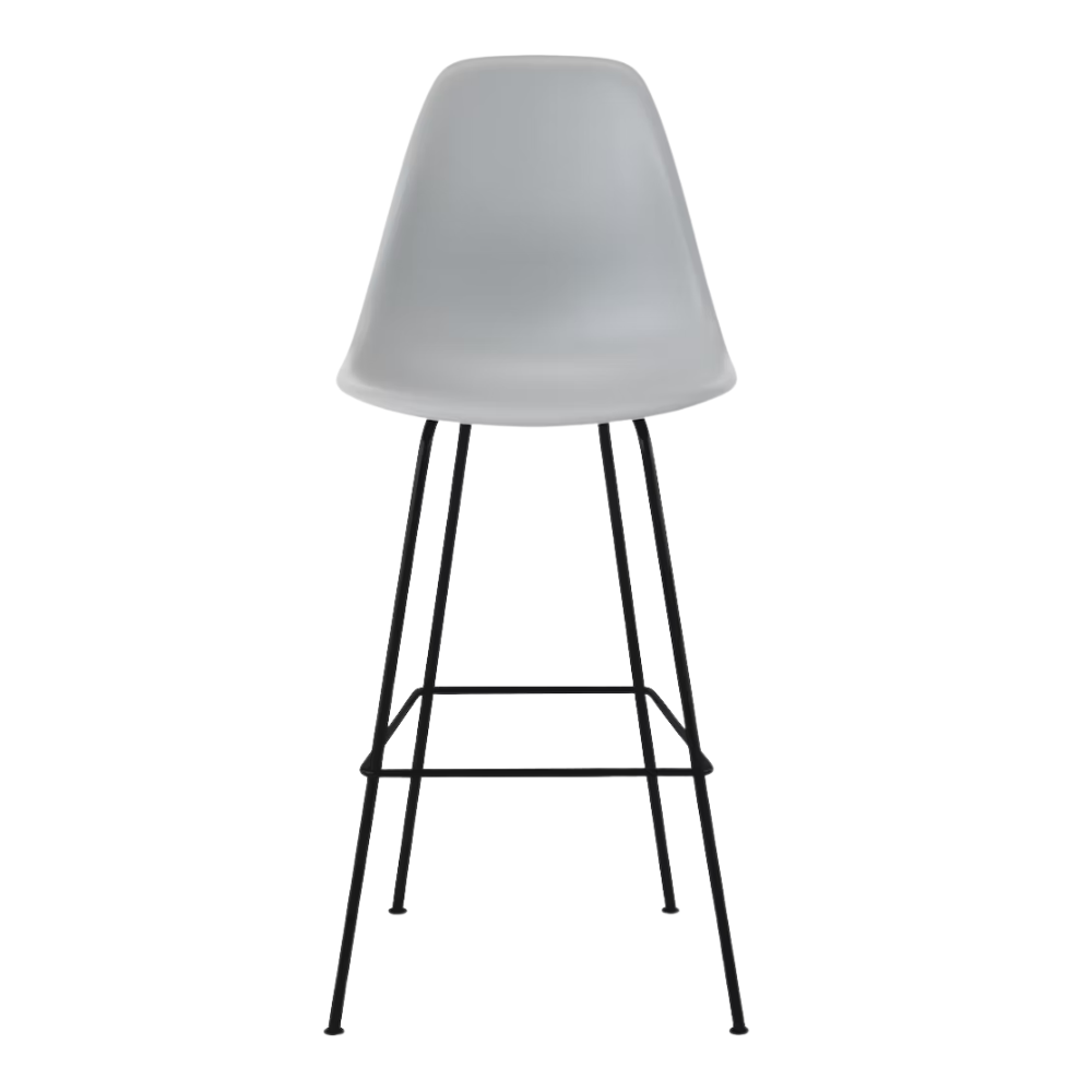 The light gray shell Eames Molded Plastic Bar Height Stool from Herman Miller with the black base.