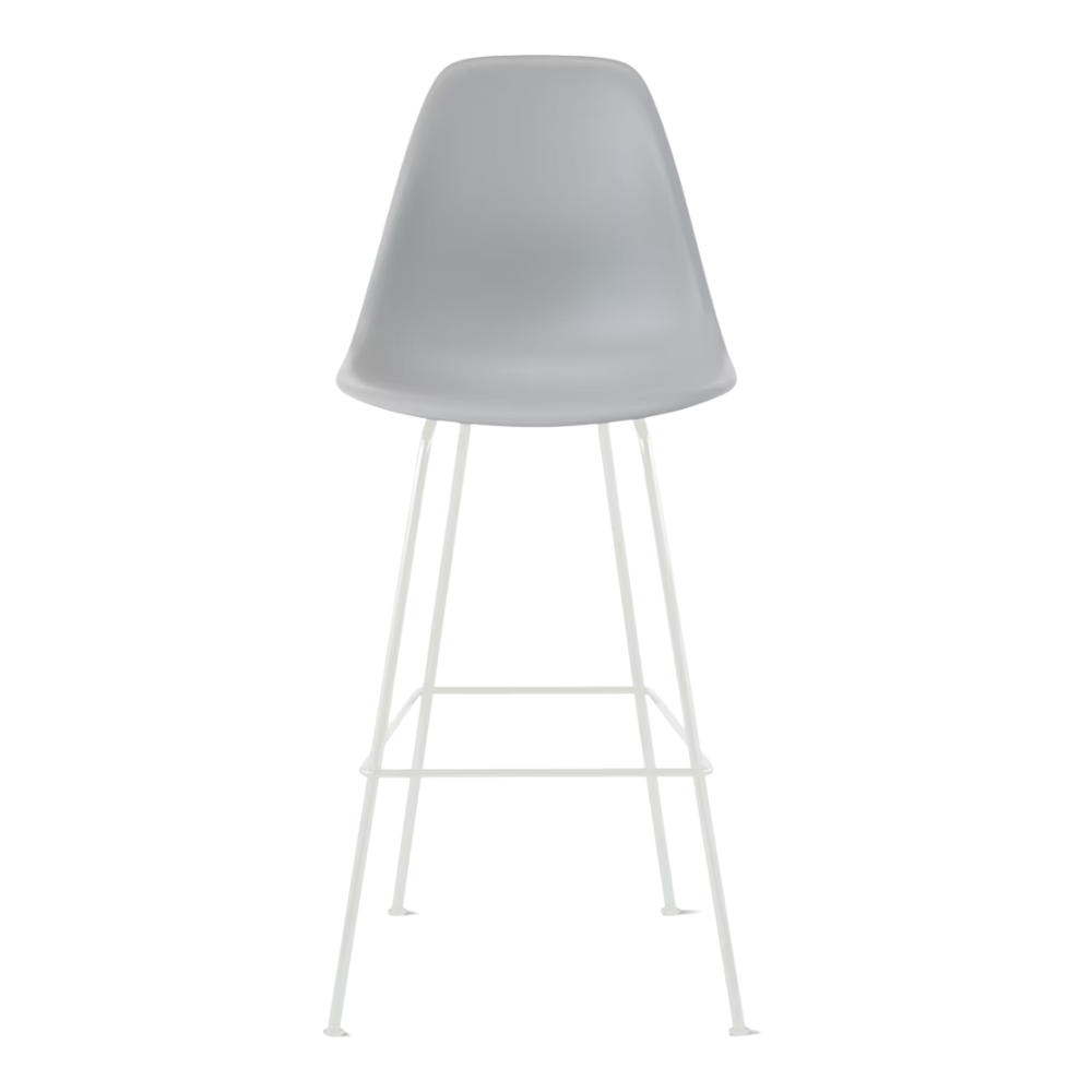 The light gray shell Eames Molded Plastic Bar Height Stool from Herman Miller with the white base.