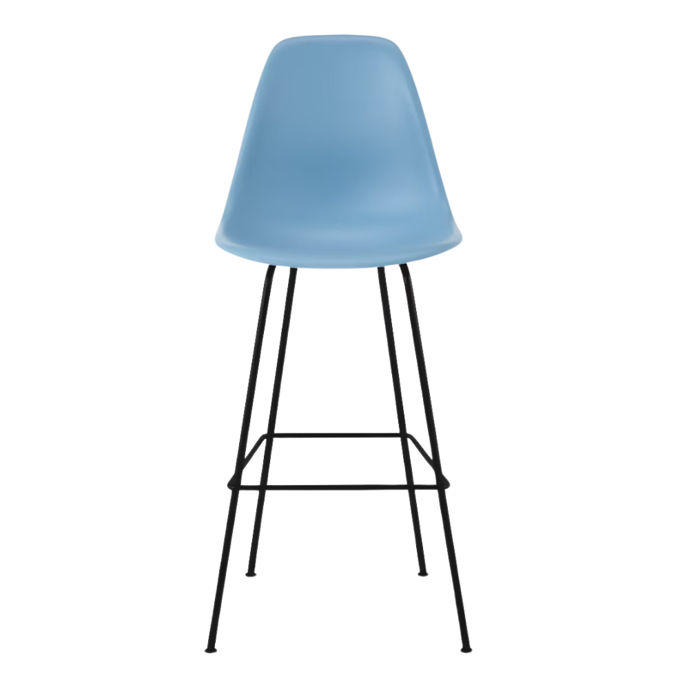 The pale blue shell Eames Molded Plastic Bar Height Stool from Herman Miller with the black base.