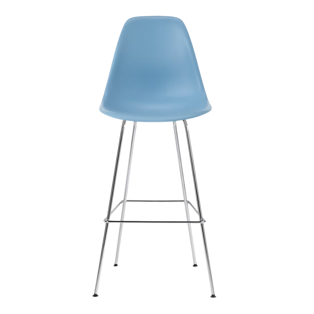 The pale blue shell Eames Molded Plastic Bar Height Stool from Herman Miller with the trivalent chrome base.