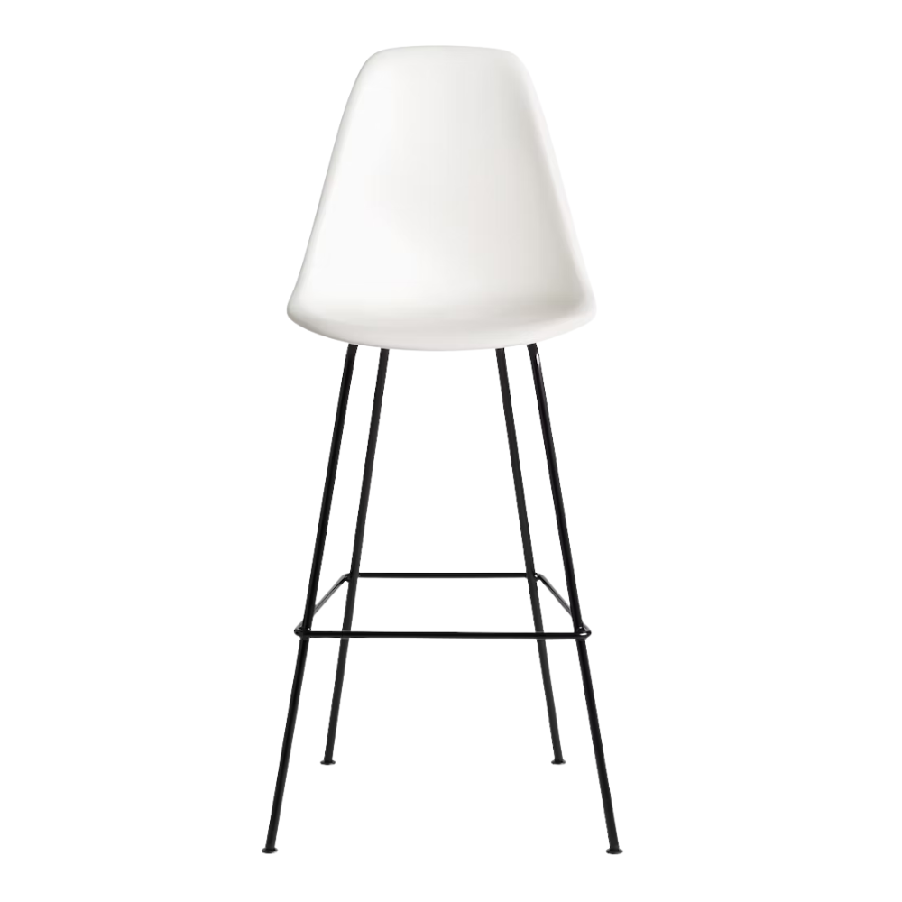 The white shell Eames Molded Plastic Bar Height Stool from Herman Miller with the black base.