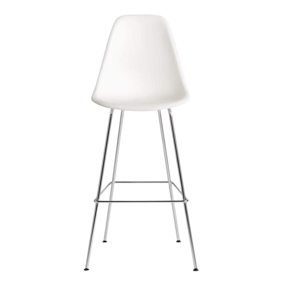 The white shell Eames Molded Plastic Bar Height Stool from Herman Miller with the trivalent chrome base.