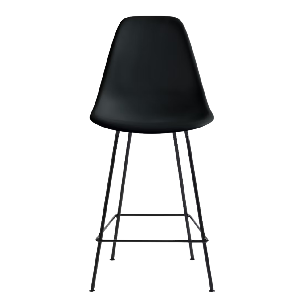 The black shell Eames Molded Plastic Counter Height Stool from Herman Miller with the black base.
