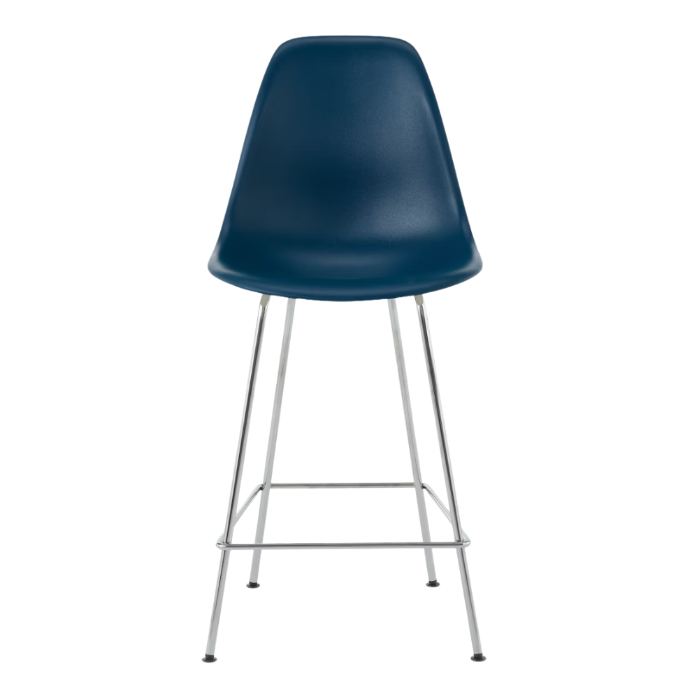 The blue green shell Eames Molded Plastic Counter Height Stool from Herman Miller with the trivalent chrome base.