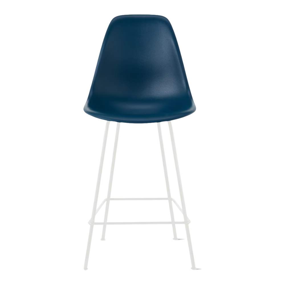 The blue green shell Eames Molded Plastic Counter Height Stool from Herman Miller with the white base.